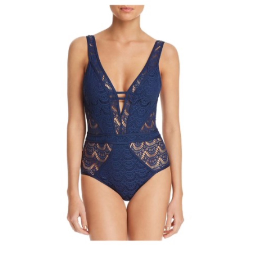 BECCA Show & Tell Plunge One Piece Navy Swimsuit